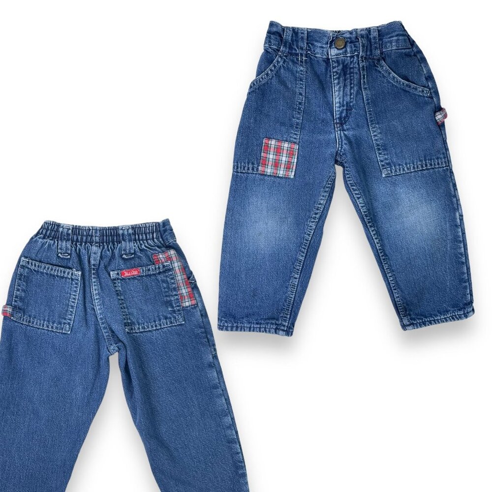 Vintage Oshkosh Toddler Elastic Waist Plaid Pants Denim Jeans 2T